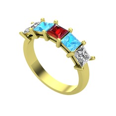 Garnet, akuamarin ve beyaz zirkon 18 ayar altın yüzük