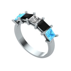 Edda 5 Taşlı Yüzük - Swarovski, siyah zirkon ve akuamarin 14 ayar beyaz altın yüzük #1otc3av