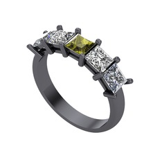 Edda 5 Taşlı Yüzük - Peridot, swarovski ve pırlanta 925 ayar siyah rodyum kaplama gümüş yüzük (0.78 karat) #1pp5psi