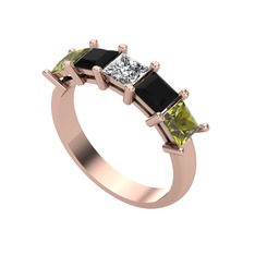 Beyaz zirkon, siyah zirkon ve peridot 14 ayar rose altın yüzük