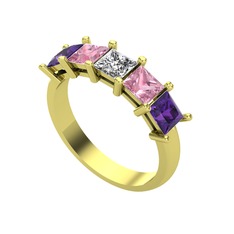 Edda 5 Taşlı Yüzük - Swarovski, pembe kuvars ve ametist 8 ayar altın yüzük #1ptu1sr