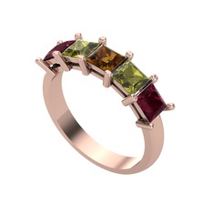 Dumanlı kuvars, peridot ve kök yakut 8 ayar rose altın yüzük