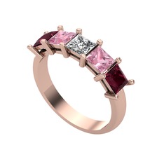 Edda 5 Taşlı Yüzük - Beyaz zirkon, pembe kuvars ve kök yakut 14 ayar rose altın yüzük #1riugv