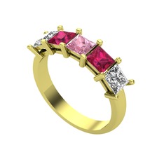 Edda 5 Taşlı Yüzük - Pembe kuvars, rodolit garnet ve beyaz zirkon 8 ayar altın yüzük #1rjzkik