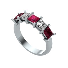 Edda 5 Taşlı Yüzük - Rodolit garnet, beyaz zirkon ve kök yakut 8 ayar beyaz altın yüzük #1sx3i87