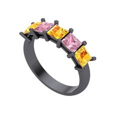 Edda 5 Taşlı Yüzük - Sitrin ve pembe kuvars 925 ayar siyah rodyum kaplama gümüş yüzük #1t0on6q