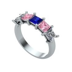 Edda 5 Taşlı Yüzük - Lab safir, pembe kuvars ve pırlanta 14 ayar beyaz altın yüzük (0.78 karat) #1t1800p