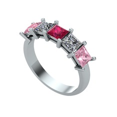 Edda 5 Taşlı Yüzük - Rodolit garnet, pırlanta ve pembe kuvars 18 ayar beyaz altın yüzük (0.78 karat) #1t69fmh