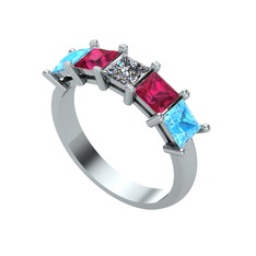 Pırlanta, rodolit garnet ve akuamarin 8 ayar beyaz altın yüzük (0.39 karat)