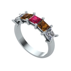 Rodolit garnet, dumanlı kuvars ve pırlanta 8 ayar beyaz altın yüzük (0.78 karat)