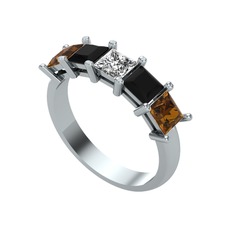 Swarovski, siyah zirkon ve dumanlı kuvars 14 ayar beyaz altın yüzük