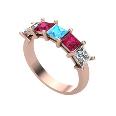 Akuamarin, rodolit garnet ve swarovski 18 ayar rose altın yüzük