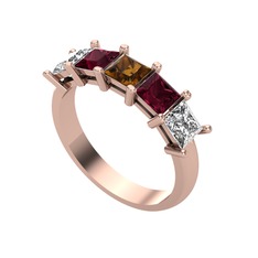 Edda 5 Taşlı Yüzük - Dumanlı kuvars, kök yakut ve swarovski 8 ayar rose altın yüzük #1wft62m