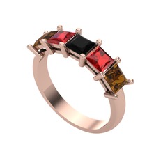 Siyah zirkon, garnet ve dumanlı kuvars 14 ayar rose altın yüzük