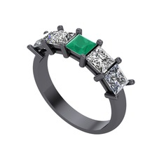 Edda 5 Taşlı Yüzük - Kök zümrüt, swarovski ve pırlanta 925 ayar siyah rodyum kaplama gümüş yüzük (0.78 karat) #1xi524w