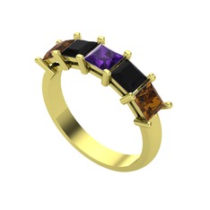 Ametist, siyah zirkon ve dumanlı kuvars 8 ayar altın yüzük