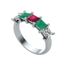 Rodolit garnet, kök zümrüt ve swarovski 14 ayar beyaz altın yüzük