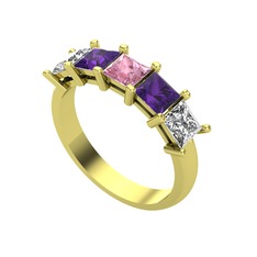 Edda 5 Taşlı Yüzük - Pembe kuvars, ametist ve swarovski 18 ayar altın yüzük #1y3tcvp
