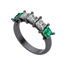 Edda 5 Taşlı Yüzük - Swarovski ve yeşil kuvars 925 ayar siyah rodyum kaplama gümüş yüzük #1yio2bl