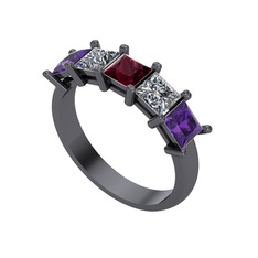 Edda 5 Taşlı Yüzük - Kök yakut, pırlanta ve ametist 925 ayar siyah rodyum kaplama gümüş yüzük (0.78 karat) #1z0c1ne