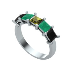 Peridot, kök zümrüt ve siyah zirkon 8 ayar beyaz altın yüzük