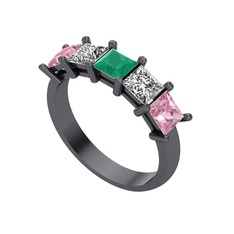 Edda 5 Taşlı Yüzük - Kök zümrüt, swarovski ve pembe kuvars 925 ayar siyah rodyum kaplama gümüş yüzük #236kit