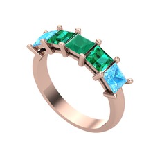 Edda 5 Taşlı Yüzük - Kök zümrüt, yeşil kuvars ve akuamarin 8 ayar rose altın yüzük #2ap4dn