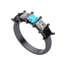Edda 5 Taşlı Yüzük - Akuamarin, swarovski ve siyah zirkon 925 ayar siyah rodyum kaplama gümüş yüzük #2qmv67