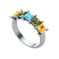 Akuamarin, peridot ve sitrin 14 ayar beyaz altın yüzük