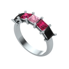 Edda 5 Taşlı Yüzük - Pembe kuvars, rodolit garnet ve siyah zirkon 14 ayar beyaz altın yüzük #354eka