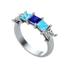 Edda 5 Taşlı Yüzük - Lab safir, akuamarin ve swarovski 8 ayar beyaz altın yüzük #3ufubt