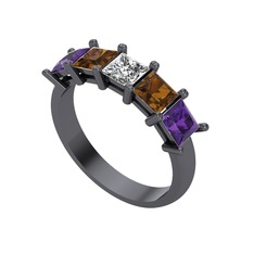 Edda 5 Taşlı Yüzük - Swarovski, dumanlı kuvars ve ametist 925 ayar siyah rodyum kaplama gümüş yüzük #463viq