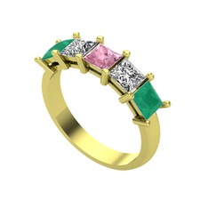 Pembe kuvars, swarovski ve kök zümrüt 14 ayar altın yüzük