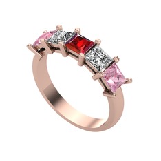 Garnet, beyaz zirkon ve pembe kuvars 14 ayar rose altın yüzük