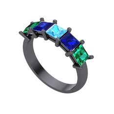 Edda 5 Taşlı Yüzük - Akuamarin, lab safir ve yeşil kuvars 925 ayar siyah rodyum kaplama gümüş yüzük #4h1u60