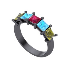 Edda 5 Taşlı Yüzük - Rodolit garnet, akuamarin ve peridot 925 ayar siyah rodyum kaplama gümüş yüzük #4wj96b