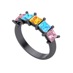 Edda 5 Taşlı Yüzük - Sitrin, akuamarin ve pembe kuvars 925 ayar siyah rodyum kaplama gümüş yüzük #53yyo