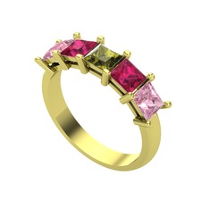 Peridot, rodolit garnet ve pembe kuvars 18 ayar altın yüzük