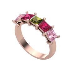 Peridot, rodolit garnet ve pembe kuvars 8 ayar rose altın yüzük
