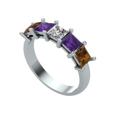 Edda 5 Taşlı Yüzük - Swarovski, ametist ve dumanlı kuvars 14 ayar beyaz altın yüzük #5lct4s