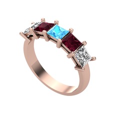 Edda 5 Taşlı Yüzük - Akuamarin, kök yakut ve beyaz zirkon 925 ayar rose altın kaplama gümüş yüzük #6json7