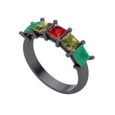 Edda 5 Taşlı Yüzük - Garnet, peridot ve kök zümrüt 925 ayar siyah rodyum kaplama gümüş yüzük #6kb6co