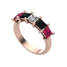 Beyaz zirkon, siyah zirkon ve rodolit garnet 8 ayar rose altın yüzük