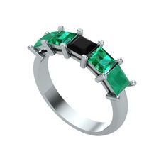 Edda 5 Taşlı Yüzük - Siyah zirkon, yeşil kuvars ve kök zümrüt 8 ayar beyaz altın yüzük #6pebtd