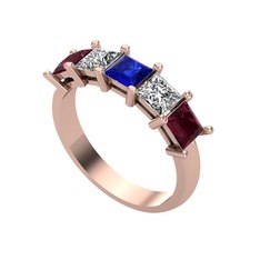 Edda 5 Taşlı Yüzük - Lab safir, swarovski ve kök yakut 14 ayar rose altın yüzük #6u66nd