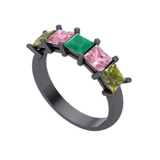 Edda 5 Taşlı Yüzük - Kök zümrüt, pembe kuvars ve peridot 925 ayar siyah rodyum kaplama gümüş yüzük #7ar5k0
