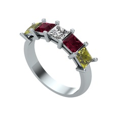 Swarovski, kök yakut ve peridot 18 ayar beyaz altın yüzük