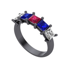 Edda 5 Taşlı Yüzük - Rodolit garnet, lab safir ve beyaz zirkon 925 ayar siyah rodyum kaplama gümüş yüzük #7xkmil