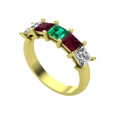 Edda 5 Taşlı Yüzük - Yeşil kuvars, kök yakut ve swarovski 18 ayar altın yüzük #7zy9ew