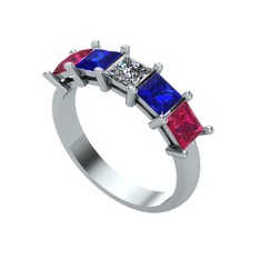Edda 5 Taşlı Yüzük - Pırlanta, lab safir ve rodolit garnet 8 ayar beyaz altın yüzük (0.39 karat) #8958vl